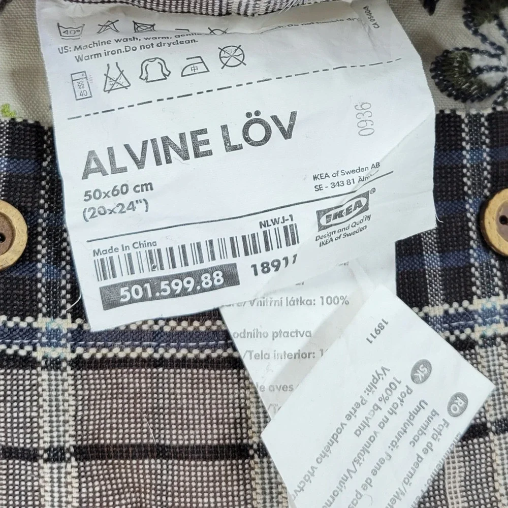 IKEA Alvine Lov Embroidered Floral Pillow Cover 20x24 Cream Cotton Plaid Back - Picture 2 of 16